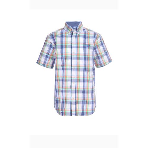 Boys Luxury Short Sleeve Denim Checkered Plaid Shirt- Peach