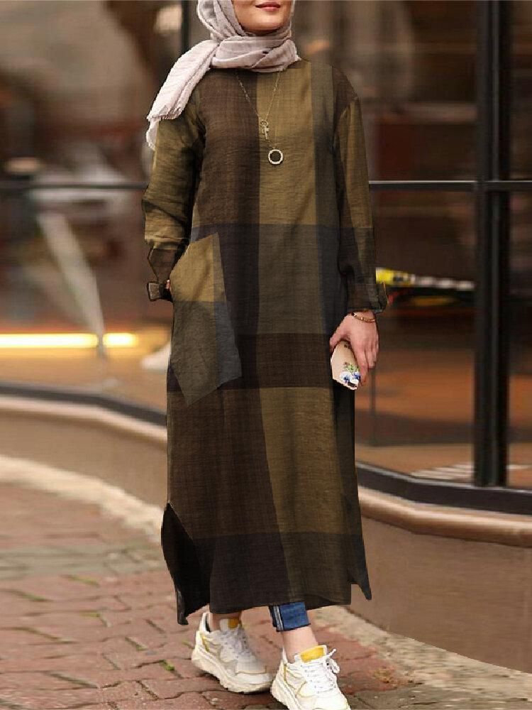 Women Vintage Plaid Print Side Split Maxi Dress Kaftan Tunic with Side Pockets