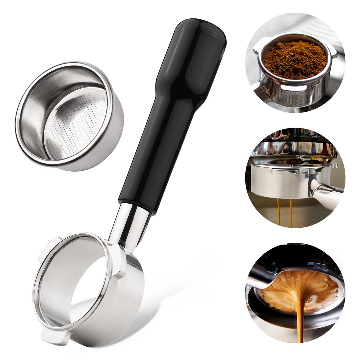 54mm 3 Ears Stainless Steel Bottomless Naked Portafilter Wooden Coffee Handle Cup Filter Basket Replacement for Breville 8 Series Coffee Machines