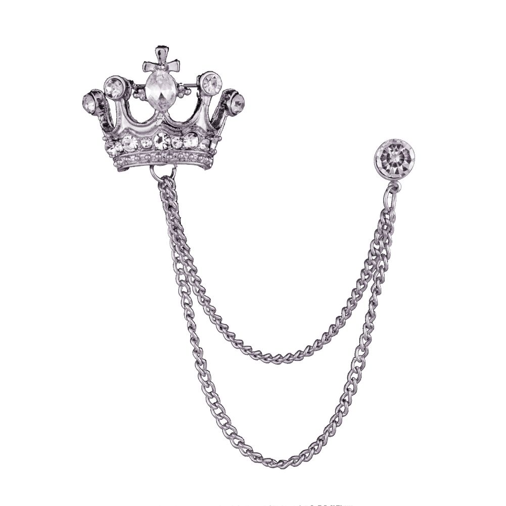 Unisex Crown Shape Brooch Tassel Chain Lapel Pin-Silver