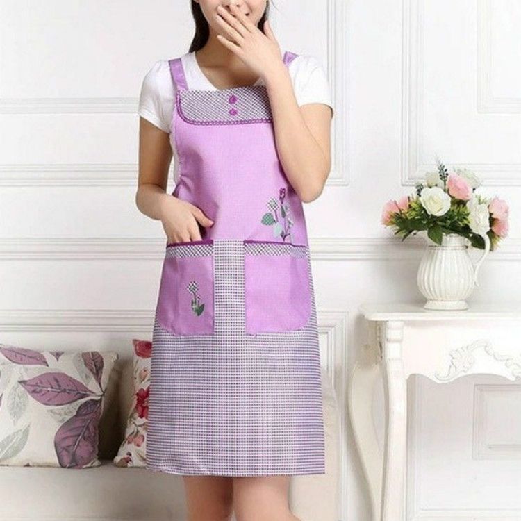 Home Adult Sleeveless Waterproof Grid Anti-oil Aprons With Double Pocket(Purple)