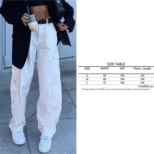 Casual Baggy Jeans Women Loose Low Waist Retro Overalls Hip Hop Streetwear Straight Denim Pants Wide Leg Cargo Pants(#0020012-White)