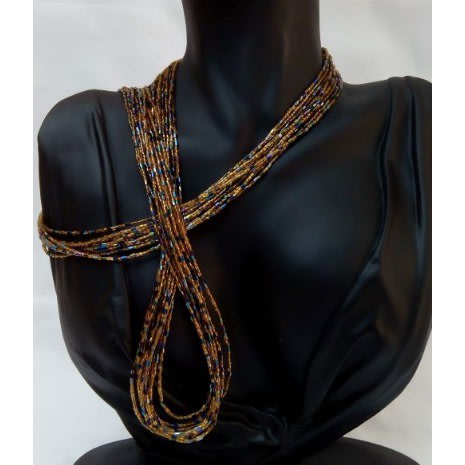 Multicoloured Glass Bead Necklace - 12 Strands - 91cm Long -Brown