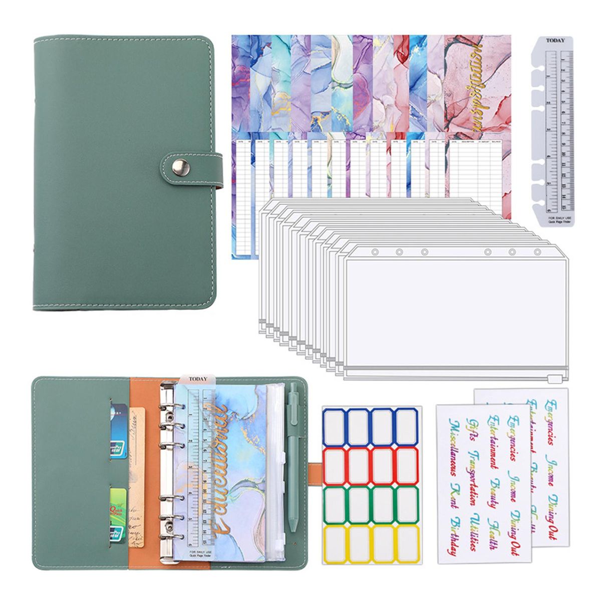 A6 Budget Binder with PU Leather Notebook Cover Zipper Envelopes Lable Stickers Ruler Used as Money Organizer System Bill Money Card Saving Planner Birthday Gift for Friends Colleagues