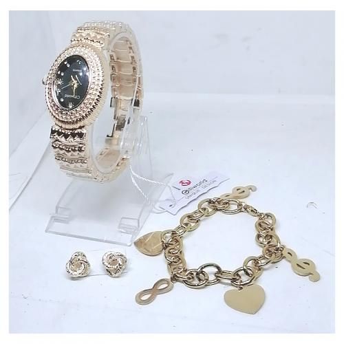 Gold Plated Wristwatch + Bracelet + Earring