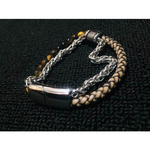 Stainless Steel Leather Charm And Beaded Bracelet (b)