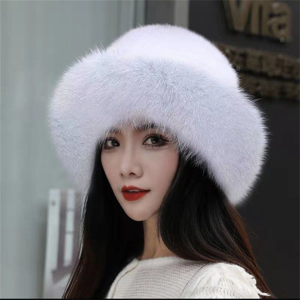 Women Faux Fox Fur Beanies Caps Girls Solid Soft Thickened Furry Berets Hat Elegant Winter Outdoor Windproof Warm Fishing Hat Silver