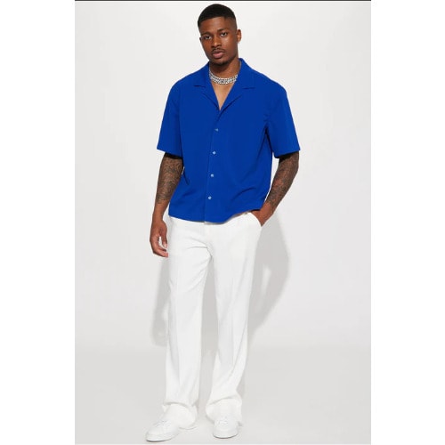 Olden Hour Short Sleeve Button Up And White Pant- Blue