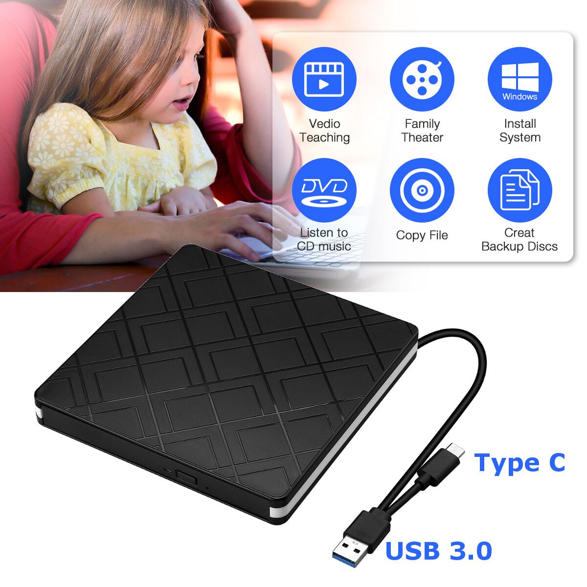 External Type- DVD Drive Slim USB 3.0 DVD/CD Re-Writer Reader RW Drive