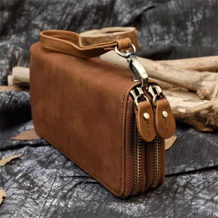MAHEU Double Zipper Women Men Long Wallet Vintage Leather Male Clutch Purse Man Phone Card Coin 100% Genuine Leather Men Wallet(#Double Zipper Light)