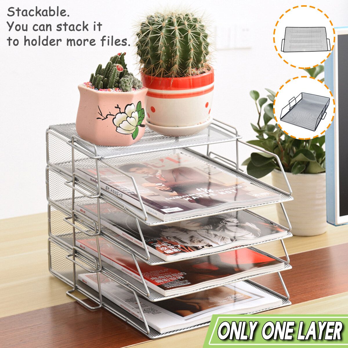 1 Layer Metal Document Trays Desktop Stackable Letter Office File Silver