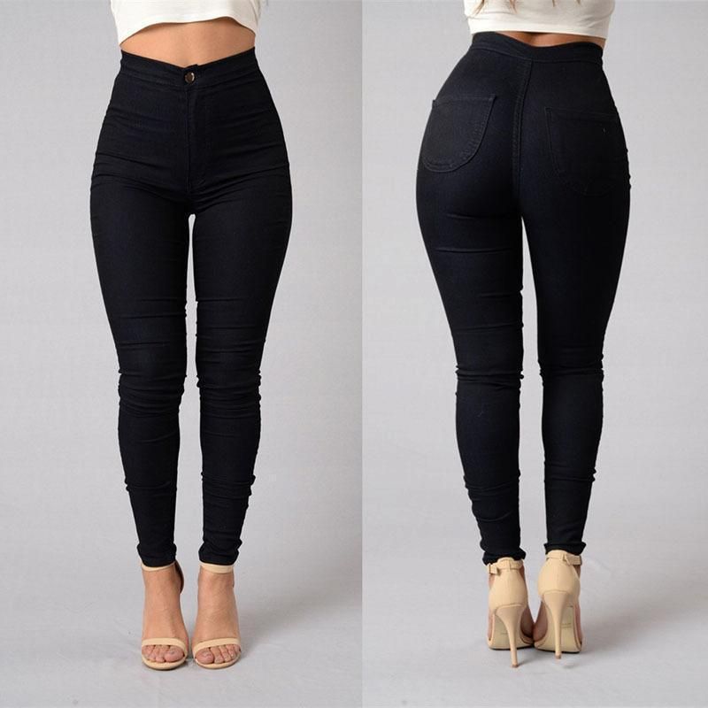 (black)Hirigin New Women's Denim Skinny Pants High Waist Stretch Jeggings Slim Pencil Trousers