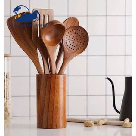 Bamboo Wooden Cooking Utensils With Holder - 5 Pcs