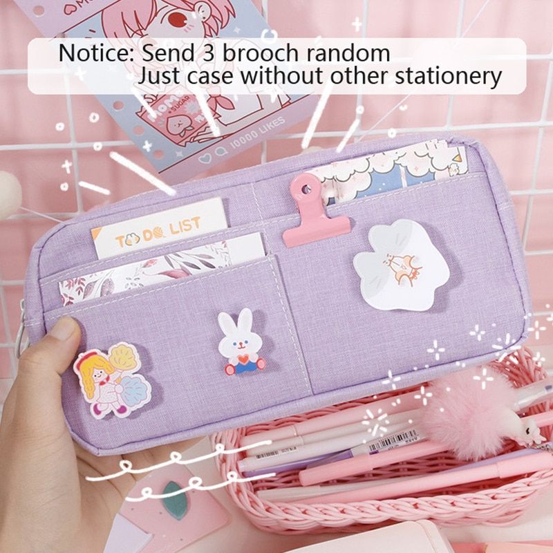 Kawaii Animal Badge Purple Canvas Pencil Case Large Capacity Cute Pink Pencil PencilCase School Case Students Girl Stationery