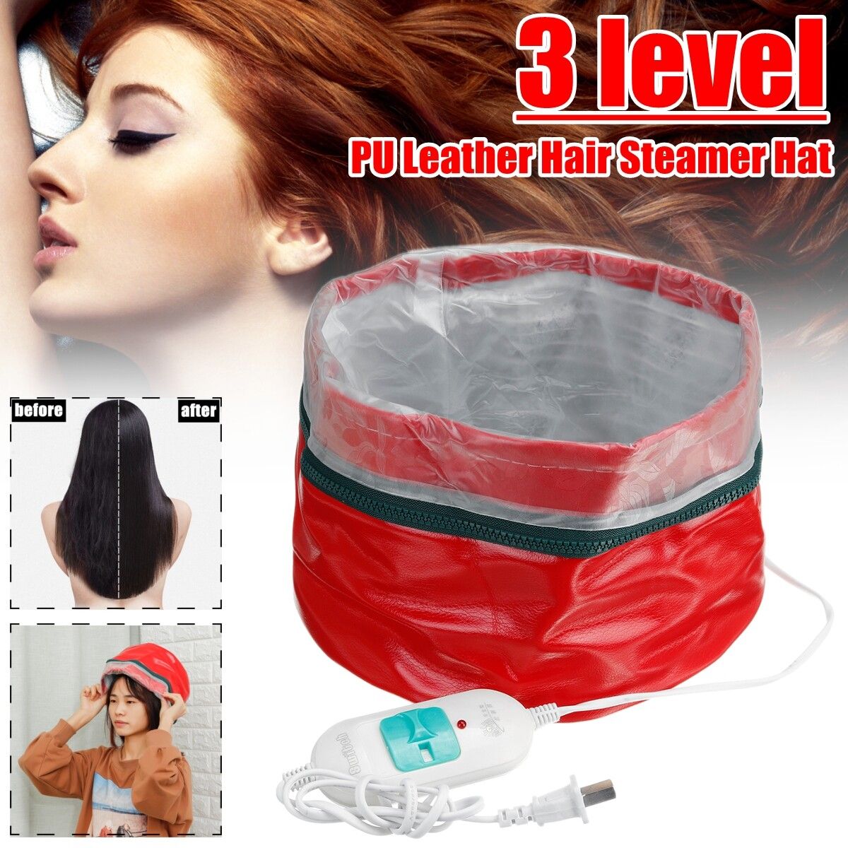 3 Level Electric Hair Cap Hat Heating Steam PU Leather Steamer Beauty Care SPA