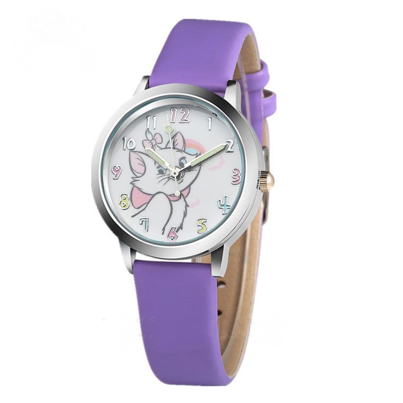 Cute Cat Cartoon Mosaic Watch Child Leather Watches Cat Pattern Watch Women Wristwatches Clock Feminino Girl Watches(Purple)