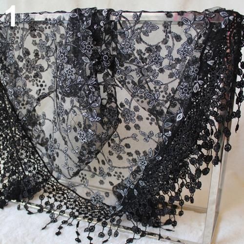 Elegant Triangle Floral Lace Wrap Scarf Women Tassel-Black