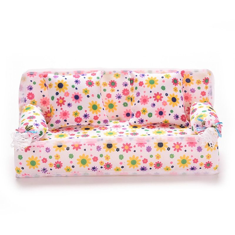 Mini Furniture Flower Sofa 20cm Couch +2 Cushions For Doll House Accessories(Cloth Sofa)