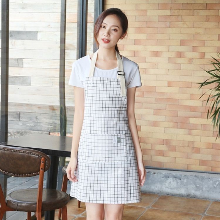 Kitchen Antifouling Simple Cotton Linen Checkered Apron(White)