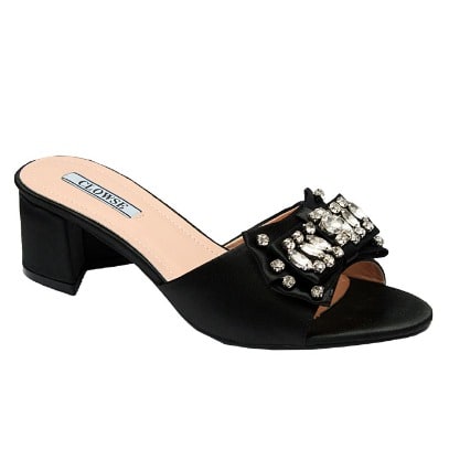 Alexa Leather Slipper With Satin Bow And Stud Design - Black