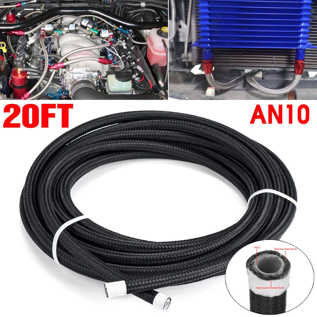 20FT AN10 Fuel Hose Oil Gas Line PTFE Nylon Stainless Steel Braided #Black [Black]