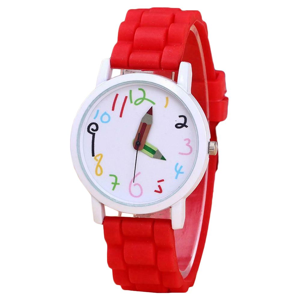 Cartoon Children Kids Round Dial Silicone Strap Analog-Red