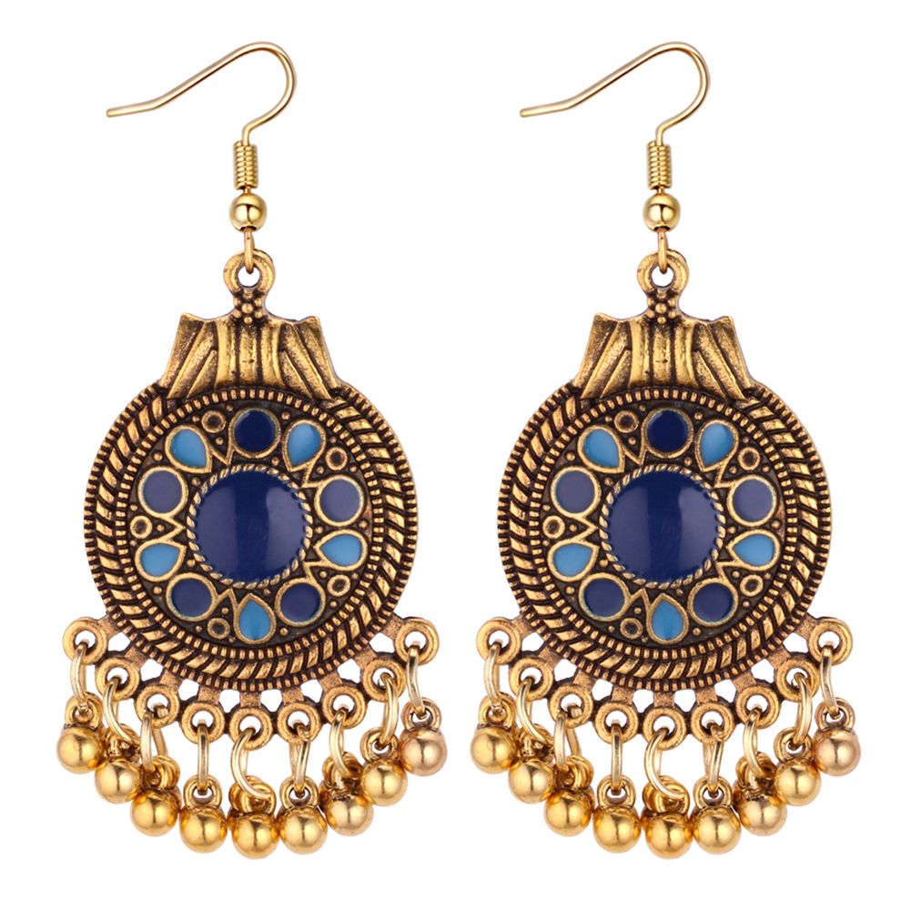 Vintage Round Pendant Tassel Metal Ball Statement Women-Blue