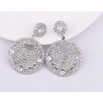 Diamante Round Drop Ear Ring- Silver