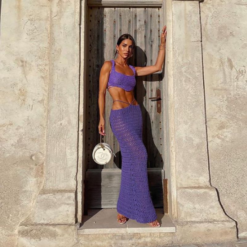 Purple Knitted 2 Piece Summer Set Women Y Crochet Vacation