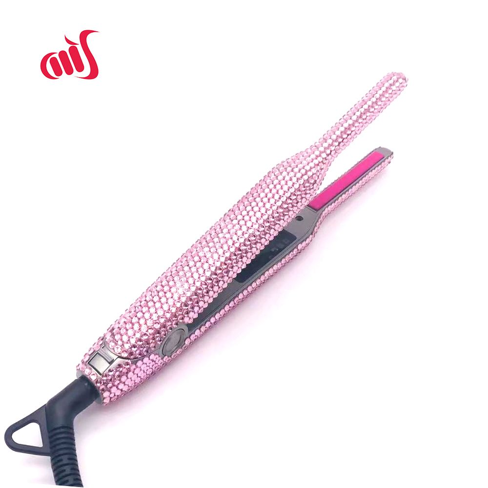 Hair Straightener Bling Small Flat  For Short Hair And Pixie Cut Dual Voltage Beard Thin Pencil Flat  Ceramic Travel Pink Crystal