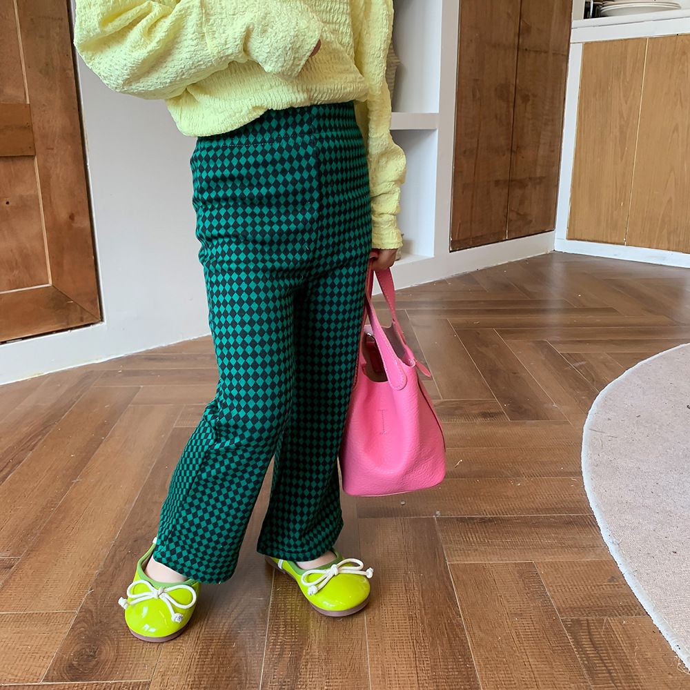 Cotton Kids Fashion Plaid Casual Girls Wide Leg Trousers -Green