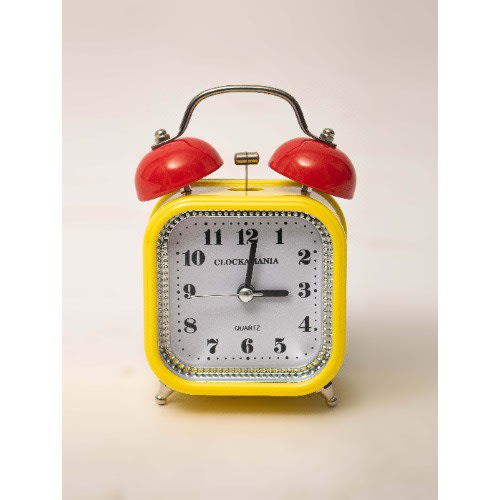 Clockamania - Square Shaped Yellow Alarm Clock With Red Double Bells - 5 X 4 cm