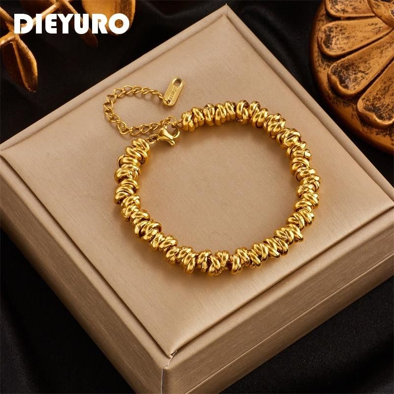 DIEYURO 316L Stainless Steel Gold Color Annularity Bracelet For Women 2022 Luxury Designer Fashion Girls Body Jewelry Gifts
