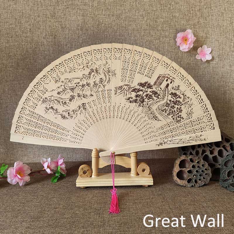 Folding Lady Fan Chinese Wood Printing Carving Hand-made Style Incense Antique Wood Decoration Vintage Craft 1Pcs Fans Hollow