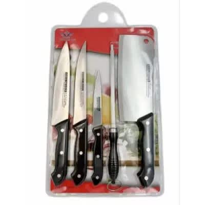 Kitchen Knifes With Wooden Chopping Board & Butcher Knife - 6 Pcs