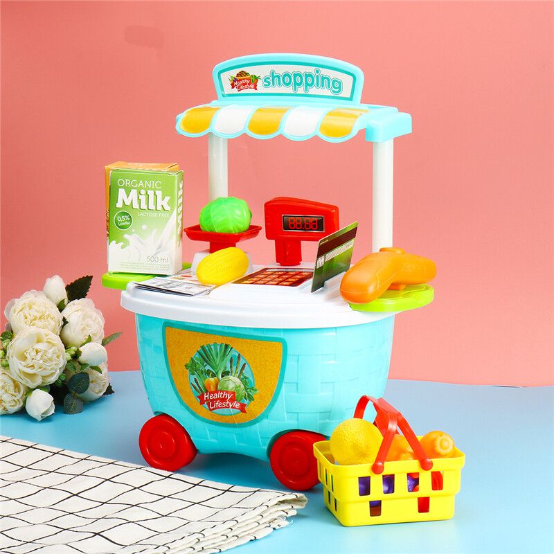 Sweety And Fun Trolley Ice Shop Dresser Cart Food Kids Pretend Play Role Toy Basket Set Shopping Toys Dressing Table DIY Gift Kids Children Style 3 Blue