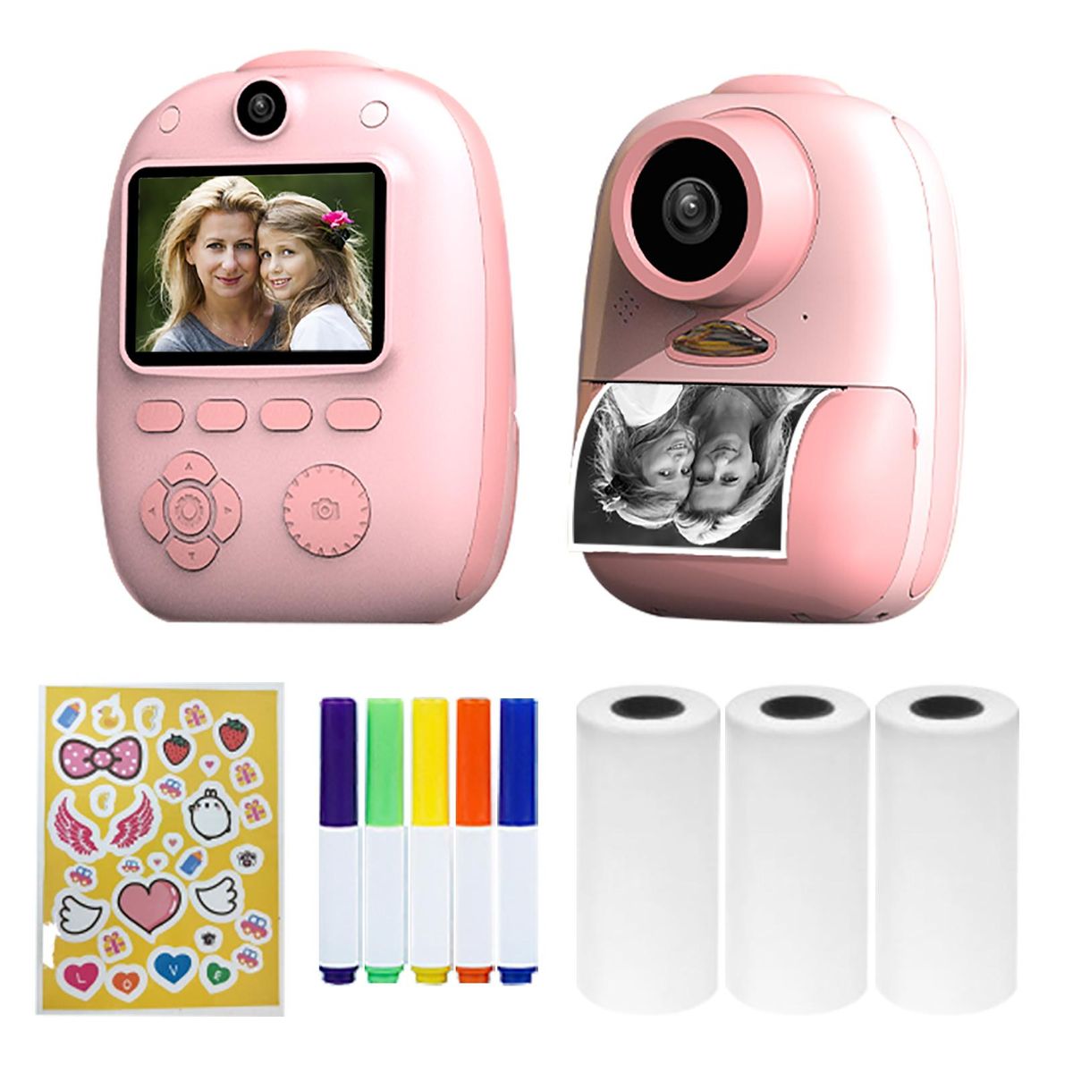 D10 Instant Camera Photo Printer 1080P HD Mini Digital Camera for Kids with LED Fill-in Light Print Paper Cartoon Sticker Color Pencils 16G TF Card Support 10 Times Magnification for Boys Girls