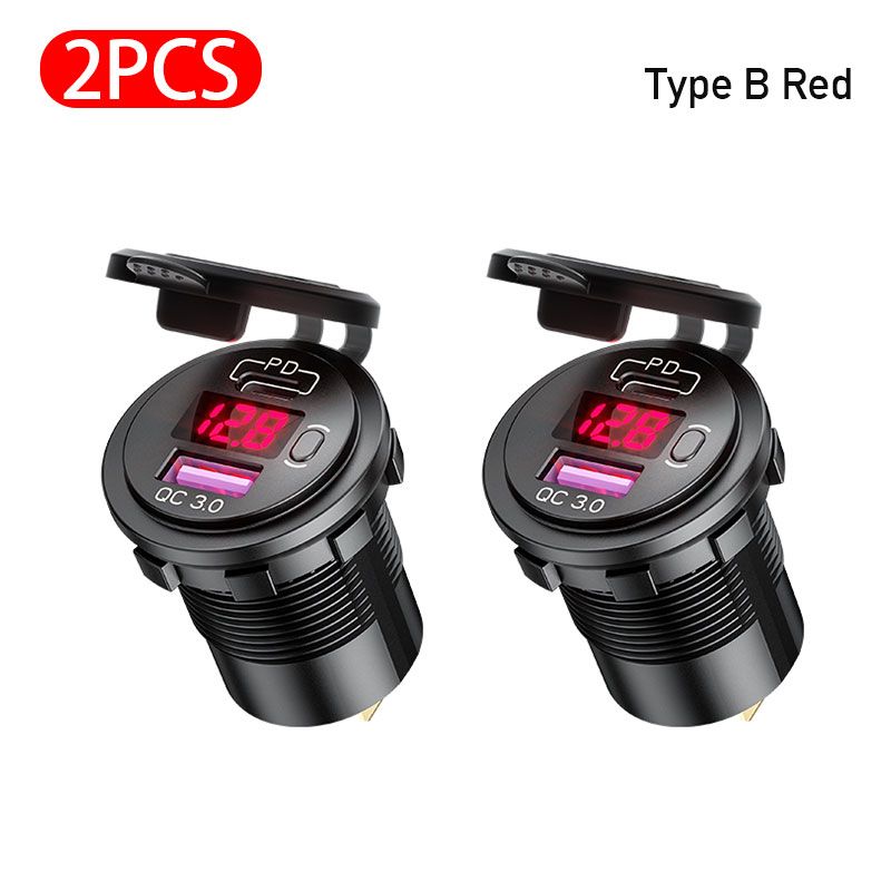 （Type B Red 2pcs）12-24V USB Car Charge USB Auto Socket QC3.0 Fast Charging PD Port Fit For Phone DVR Camera Ipad Waterproof 12V Charger Accessori