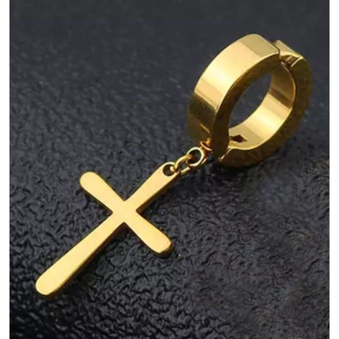 Gold Cross Clip On Stainless Steel  Hoop Non Pierce Earrings