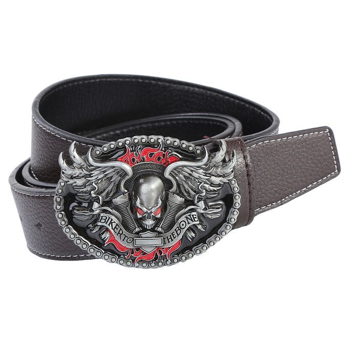 Retro Style Men Cowboy Leather Belt Hip Hop W/ Gothic Belt Coffee