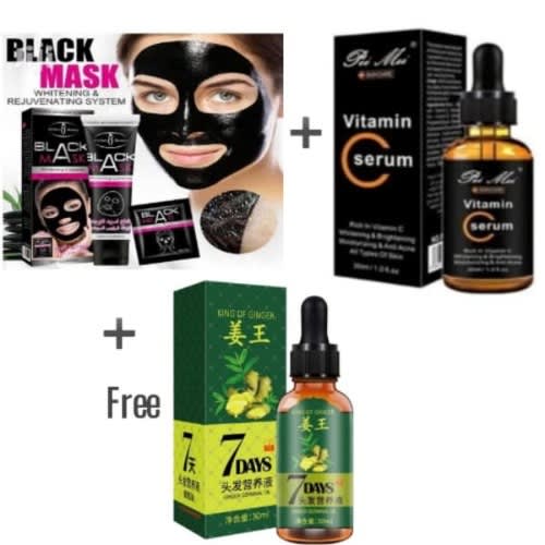 Aichun Beauty Beauty Black Facial Mask - 120ml + Vitamin C Serum - 30ml + Free Hair Growth Oil - 30ml
