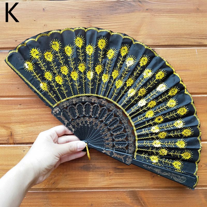 Print Sequins Art Fan Accessory Feather Crafts Home Carved Folding Bone Plastic Tail Summer Hand Embroidery Fan Decor