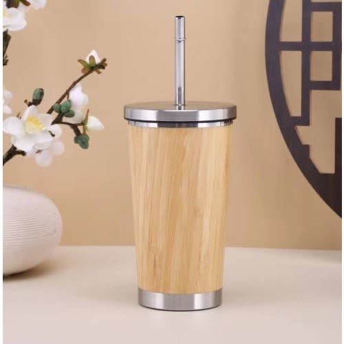 Bamboo Thermos Insulated Stainless Cup With Lid And Stainless Straw - 400ml