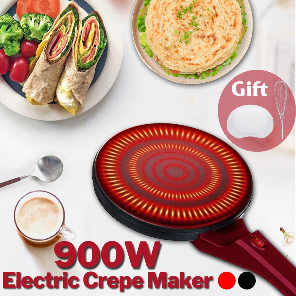 220V 900W Electric Griddle Crepe Maker Non-stick Pan Style 8" Pancake Machine + Bowl + Egg Blender Red