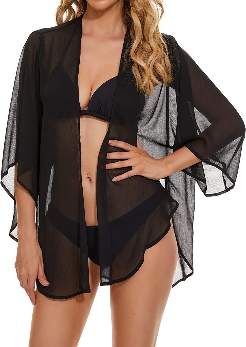 Black Light Weight Open Front Kimono Jacket Women Cover Up Swim Top Blouse Shirt