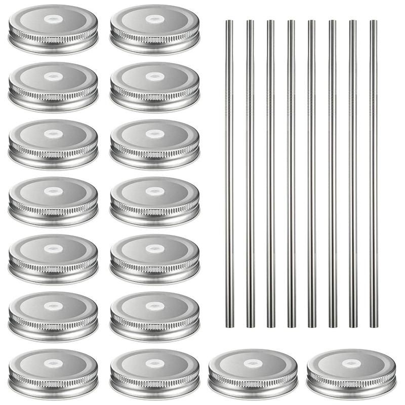 16 Pack Regular Mouth Lids with 8 Packs 18/8 Stainless Steel Straws Leak Proof Secure Glass Jar Lids Storage Solid Caps