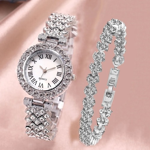 Women Wrist Watch And Bracelet - Silver