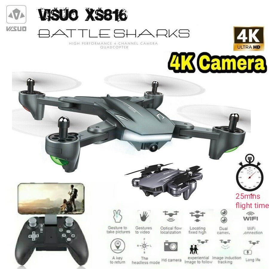 2022 Visuo WiFi 4K HD Dual Camera Drone With 2 BATTERIES 50x Zoom Optical Flow Quadcopter