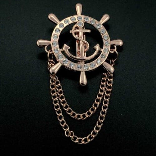 Lapel Pin Rudder Anchor Brooch With Chain Tassel - Gold.