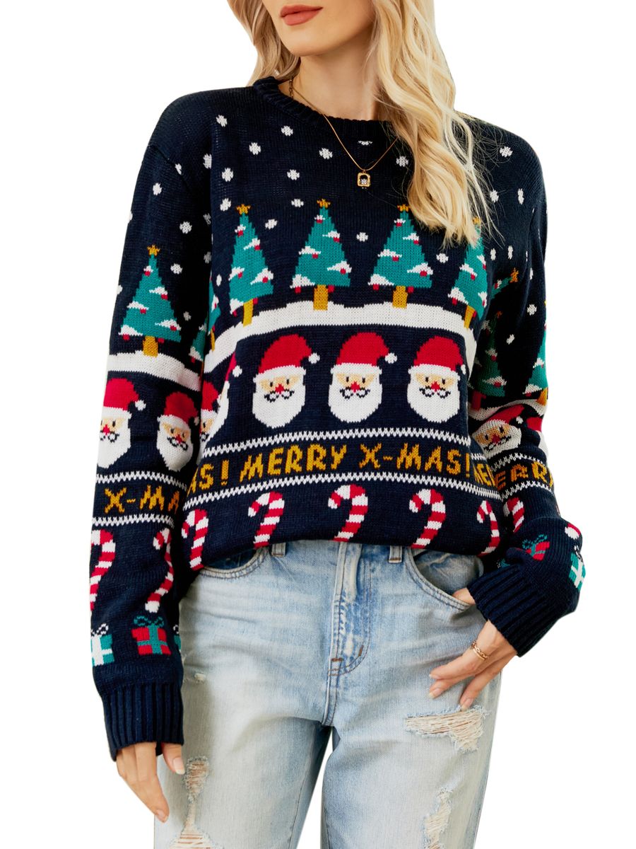 Women Christmas Sweater X-MAS Tree Long Sleeve O Neck Casual
